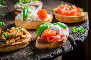 Crisp mix of bruschetta with fresh ingredients for a snack